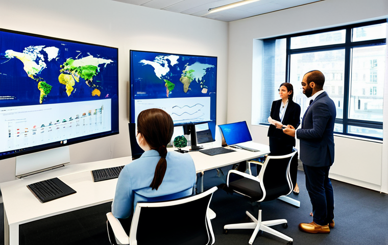 A diverse group of professional adults from various cultural backgrounds, fully clothed in modest business attire, collaborating actively in a modern, brightly lit global creative hub. They are engaged in a virtual meeting, with multiple large screens displaying team members from different continents and shared project documents. The atmosphere is highly productive, innovative, and dynamic, with subtle motion blur suggesting activity. The setting features sleek, minimalist office furniture and subtle global map graphics in the background, symbolizing worldwide connectivity and the flow of ideas. Professional photography, high resolution, soft studio lighting, safe for work, appropriate content, perfect anatomy, correct proportions, natural pose, well-formed hands, proper finger count, natural body proportions.