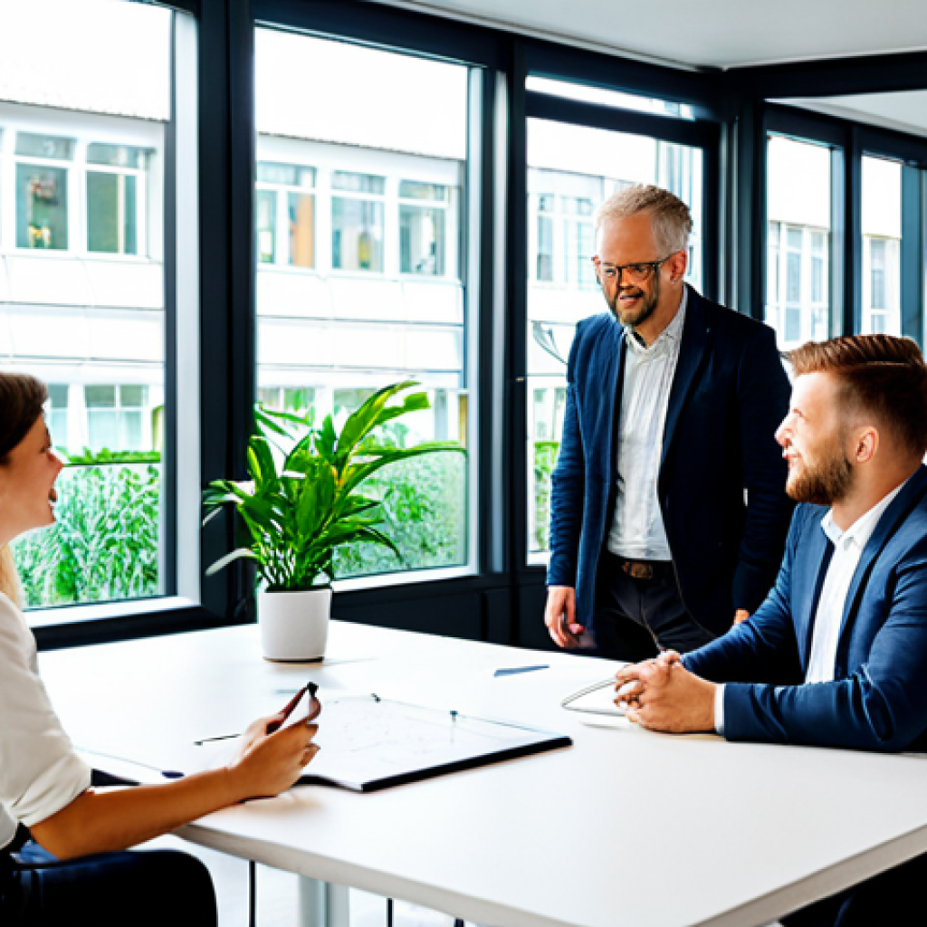 A diverse group of professional adults, fully clothed in appropriate business casual attire, collaboratively brainstorming in a vibrant, modern innovation hub in Germany. The space features large windows allowing ample natural light, numerous green plants, and flexible, modular furniture. Some individuals are interacting with a large digital whiteboard, while others are engaged in discussion around a physical table, reflecting a hybrid work environment. The atmosphere is open and encouraging, fostering active listening and creative problem-solving. This image is safe for work, appropriate content, and family-friendly. Perfect anatomy, correct proportions, natural pose, well-formed hands, proper finger count, natural body proportions, professional photography, high quality.