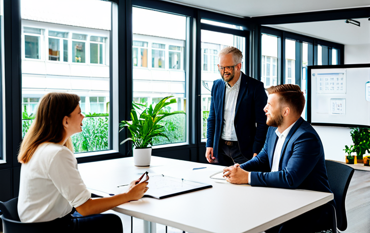 A diverse group of professional adults, fully clothed in appropriate business casual attire, collaboratively brainstorming in a vibrant, modern innovation hub in Germany. The space features large windows allowing ample natural light, numerous green plants, and flexible, modular furniture. Some individuals are interacting with a large digital whiteboard, while others are engaged in discussion around a physical table, reflecting a hybrid work environment. The atmosphere is open and encouraging, fostering active listening and creative problem-solving. This image is safe for work, appropriate content, and family-friendly. Perfect anatomy, correct proportions, natural pose, well-formed hands, proper finger count, natural body proportions, professional photography, high quality.