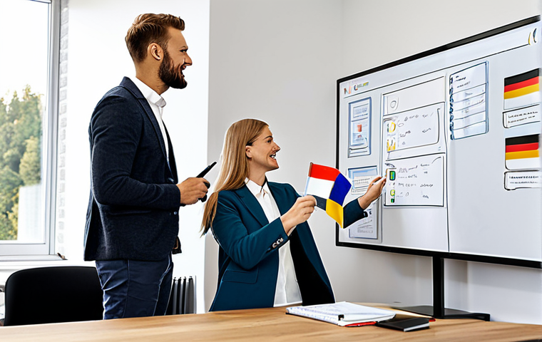 **
"A diverse team of fully clothed professionals collaborating around a digital whiteboard in a modern, open-plan office, safe for work, appropriate content, perfect anatomy, natural proportions, professional atmosphere, modest attire, family-friendly. Focus on brainstorming and idea generation. German flags subtly incorporated into the office decor. Image should convey innovation and teamwork."
**