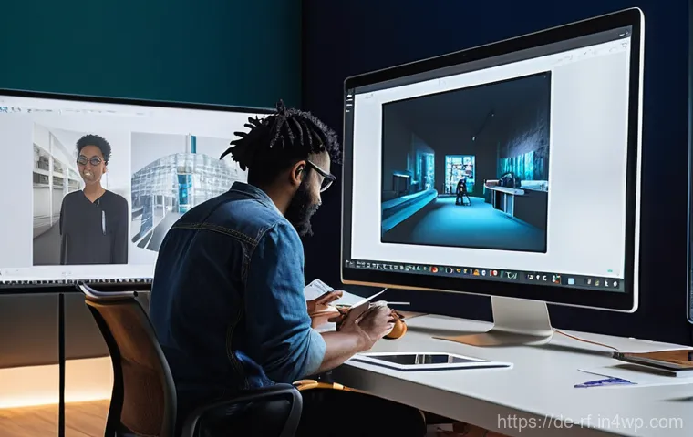 크리에이티브 허브와 디지털 미디어의 융합 - **Prompt: "A vibrant, futuristic art exhibition space, blending physical and digital elements. An av...
