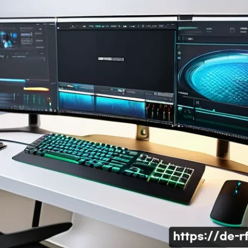 Home 32 크리에이티브 허브의 기술적 요구사항 - A modern creative workspace showing a powerful desktop computer setup optimized for graphic design a...
