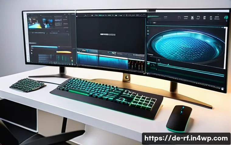 크리에이티브 허브의 기술적 요구사항 - A modern creative workspace showing a powerful desktop computer setup optimized for graphic design a...